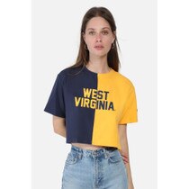 West Virginia color-blocked crop top with navy on the right and gold on the left. West Virginia across the chest in opposite color as the fabric.